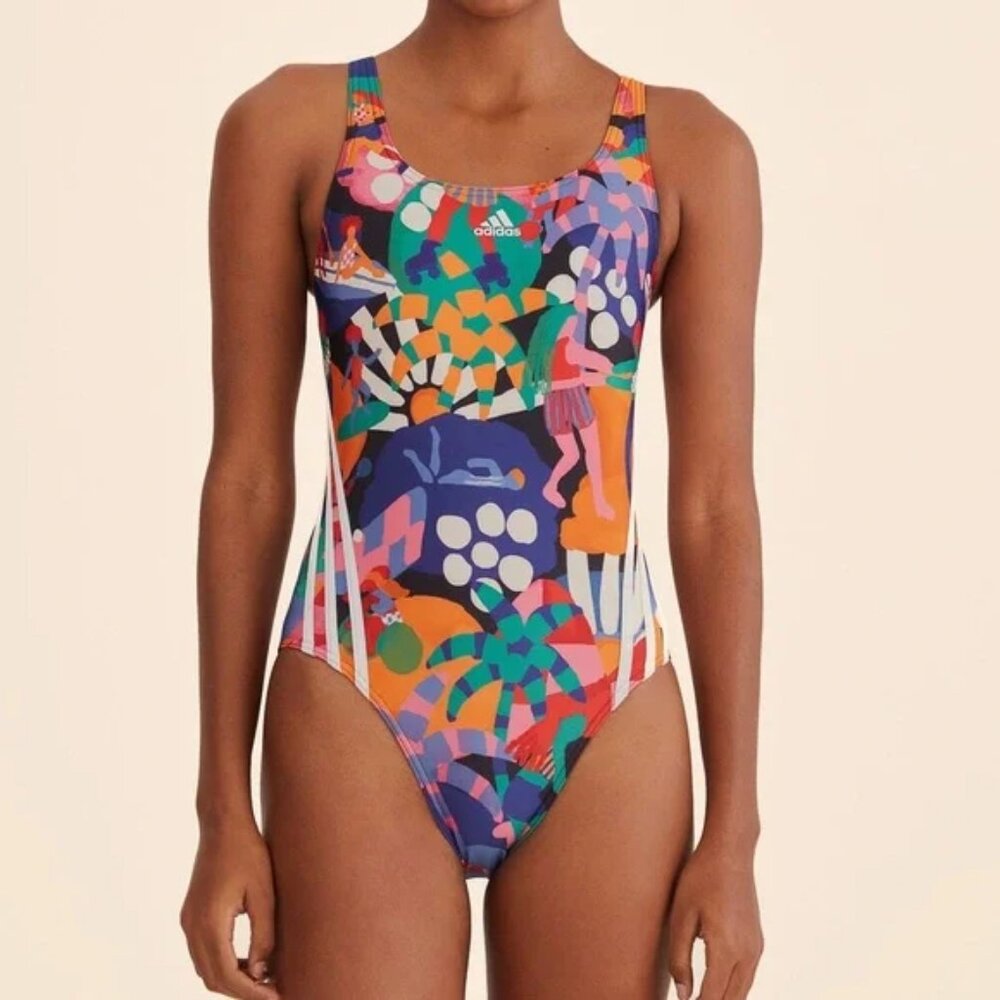 NWT FARM Rio X Adidas Farm Swimsuit White/Navy Blue Sporty Artsy Beach Abstract